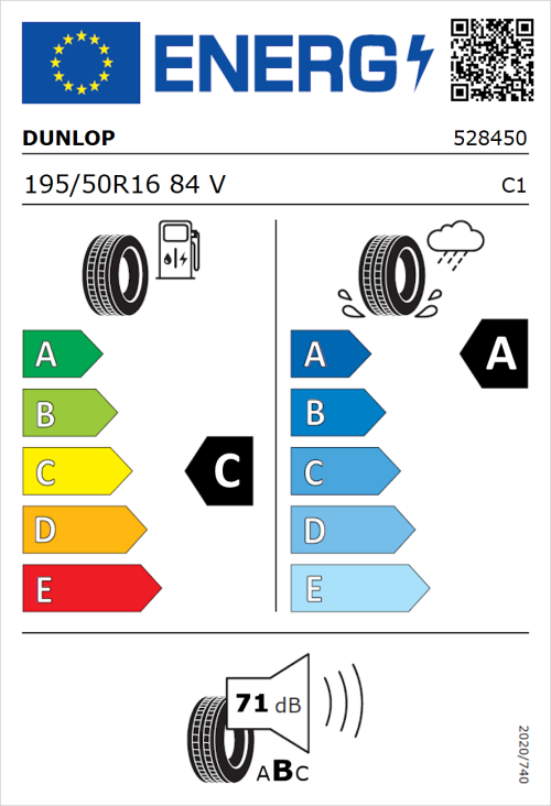 Tyre Label for Dunlop Sport BluResponse 195/50R16 84V