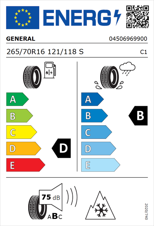 Tyre Label for General Grabber AT 3 265/70R16 121/118S