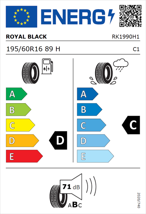 Tyre Label for Royal Black Royal Mile 195/60R16 89H