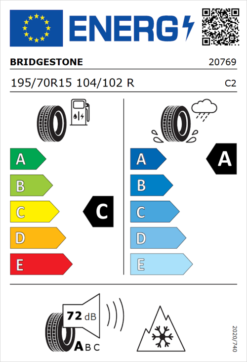 Tyre Label for Bridgestone Duravis All Season 195/70R15 104/102R