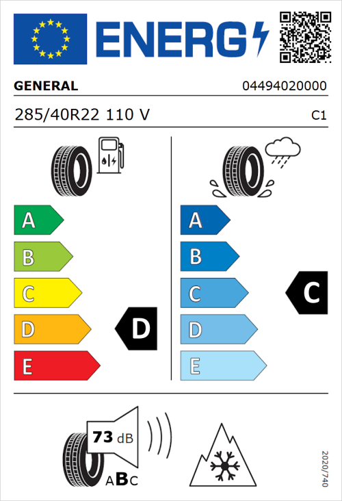 Tyre Label for General Grabber AT 3 285/40R22 110V