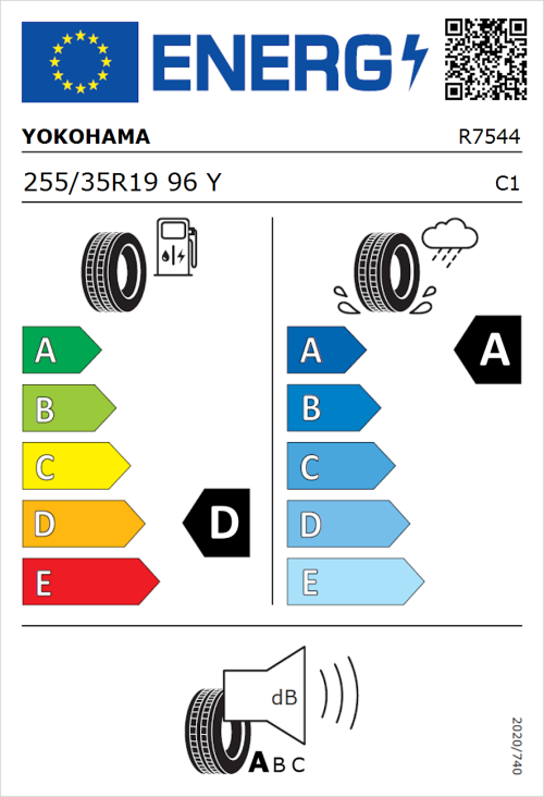 Tyre Label for Yokohama Advan Sport V107 255/35R19 96Y