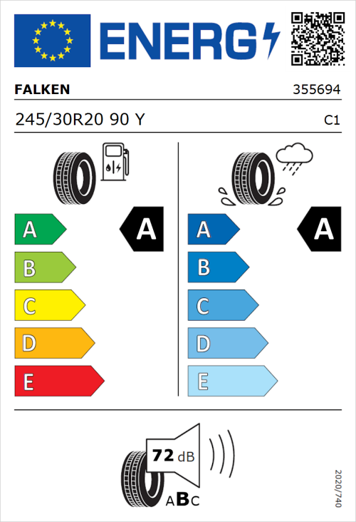 Tyre Label for Falken Azenis RS820 245/30R20 90Y