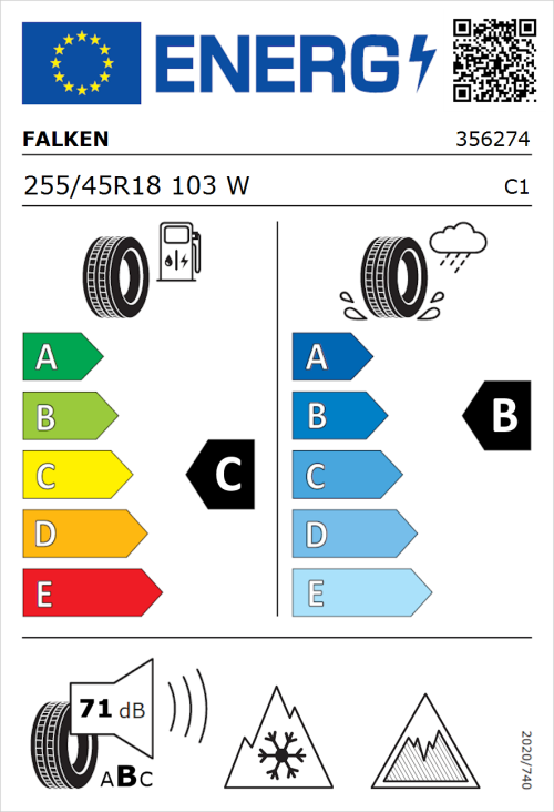 Tyre Label for Falken Euroall Season AS220 PRO 255/45R18 103W
