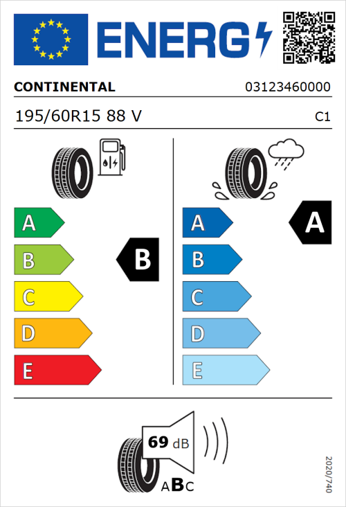 Tyre Label for Continental UltraContact 195/60R15 88V