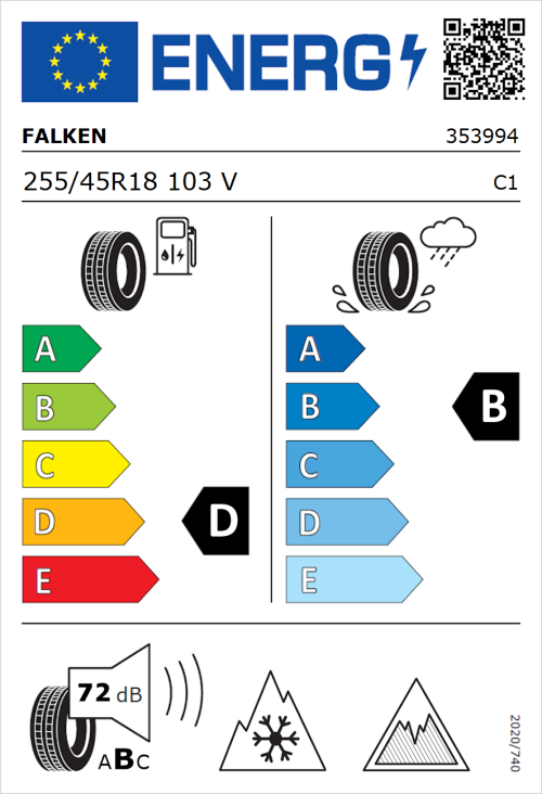 Tyre Label for Falken Eurowinter HS02 Pro 255/45R18 103V