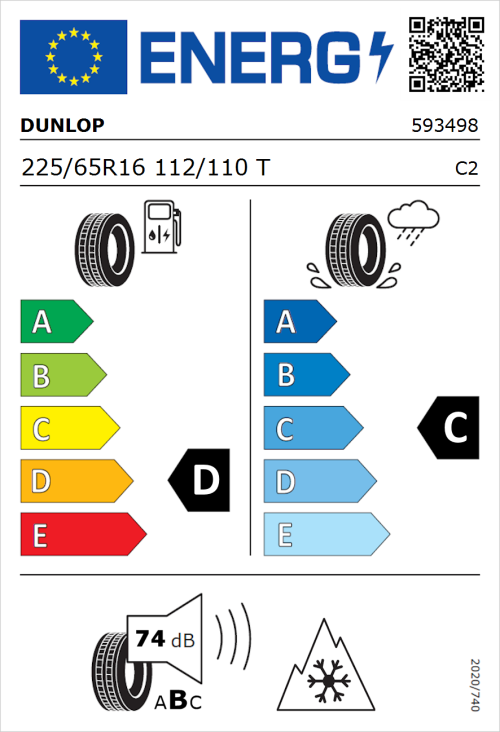 Tyre Label for Dunlop Econodrive A/S 225/65R16 112/110T