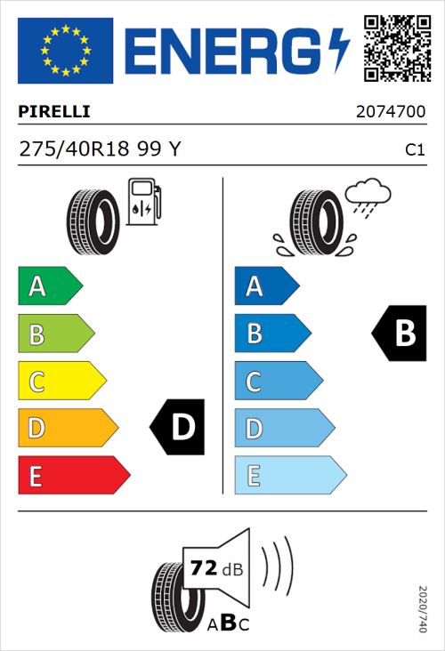 Tyre Label for Pirelli Cinturato P7 Run Flat 275/40R18 99Y